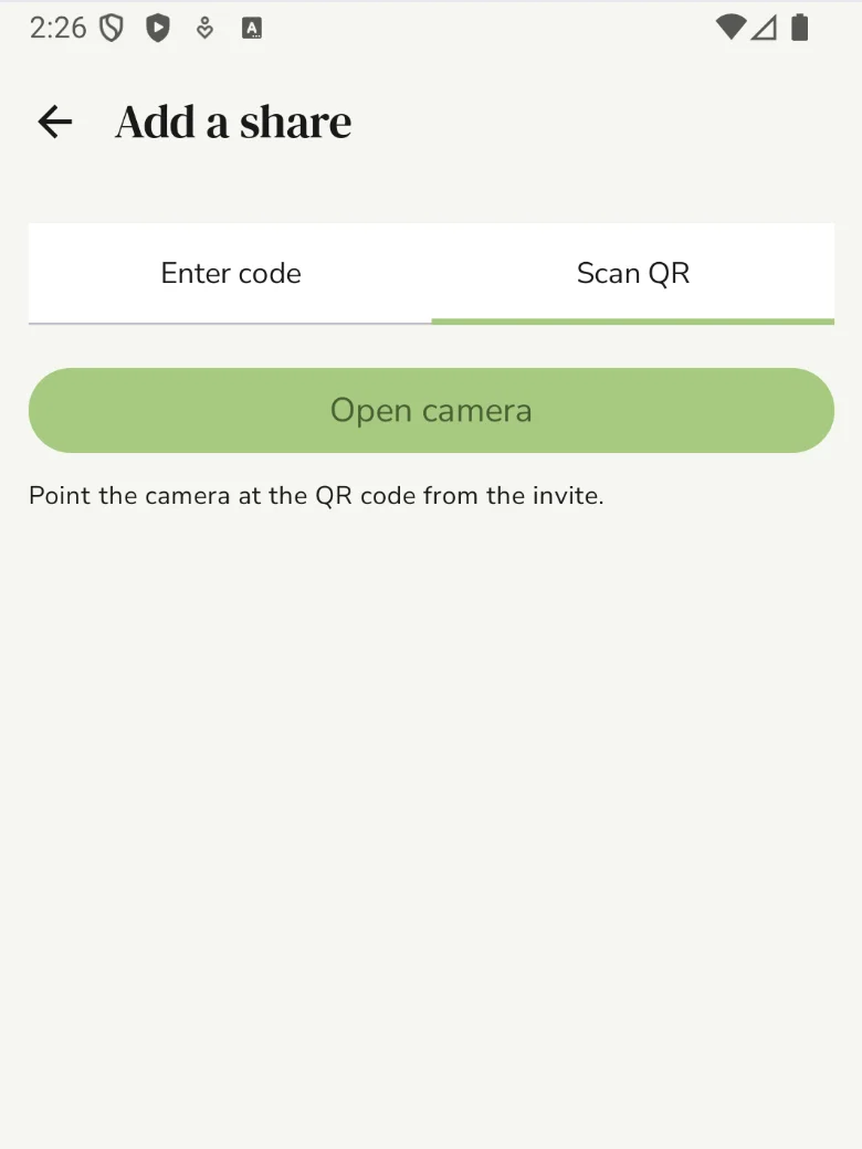 The Add a share screen in Wispers Access, with the Enter code and Scan QR tabs and an Open camera button